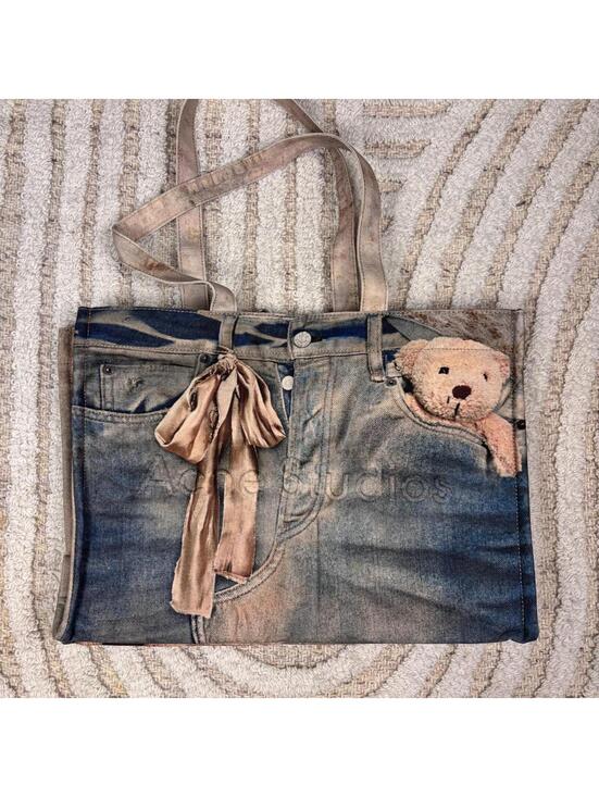 Acne Studios Handbags - Acne Studios Trompe L’oeil Teddy Bear Denim Shopper Tote